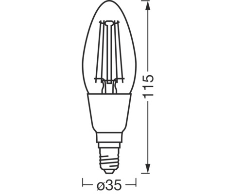 Technische Zeichnung einer Kerzenlampe mit den Maßen 115 mm Höhe und 35 mm Durchmesser