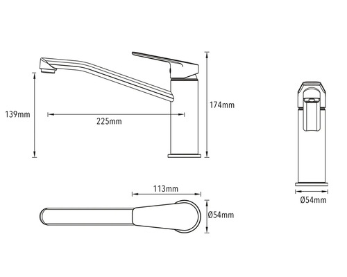 Technische Zeichnung einer Küchenarmatur mit Maßangaben