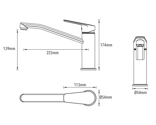 Technische Zeichnung einer Küchenarmatur mit Maßangaben