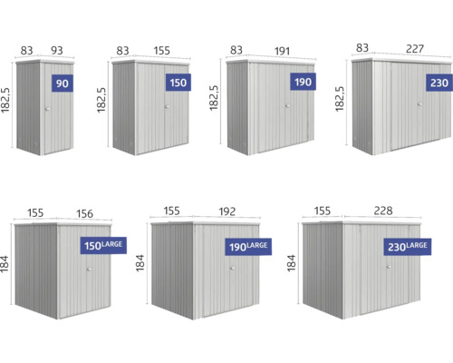 Verschiedene Größen von Metallschränken mit Maßangaben