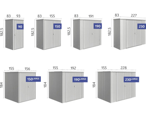 Verschiedene Größen von Metallgartenhäusern mit Maßangaben