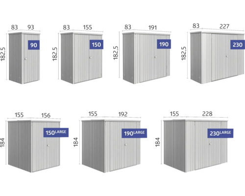 Abbildung verschiedener Gerätehäuser in unterschiedlichen Größen