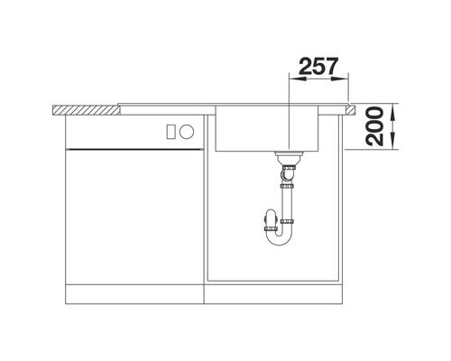 Dessin technique d''un évier avec les dimensions 257 et 200