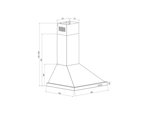 Dessin technique d'une hotte aspirante avec dimensions.