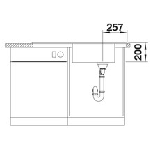 Dessin technique d''un évier avec des dimensions de 257 et 200
