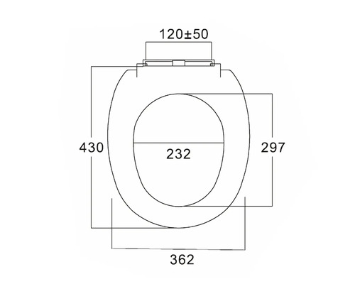 Technische Zeichnung eines WC-Sitzes mit Bemaßung