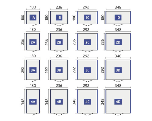 Diagramm mit Abmessungen verschiedener rechteckiger Formen