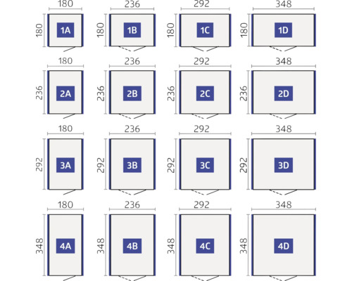 Aperçu des dimensions des éléments d''armoire avec des largeurs de 180, 236, 292 et 348 millimètres et des hauteurs de 180, 236, 292 et 348 millimètres.