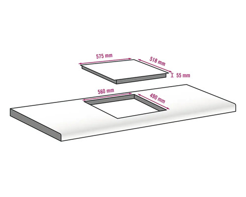 Schéma d''un plan de travail avec découpe et dimensions de 560 x 490 millimètres, ainsi que d''une plaque de cuisson de 575 x 518 millimètres et d''une hauteur de 55 millimètres