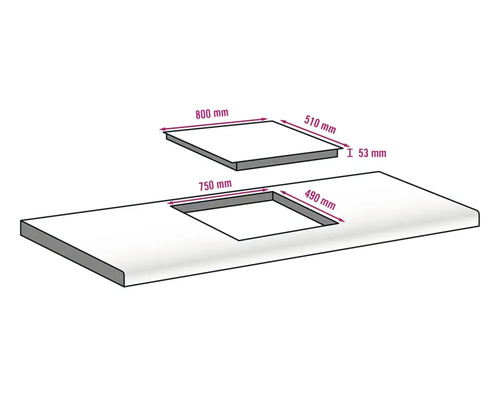 Dessin d''un plan de travail avec les dimensions de la plaque de cuisson à encastrer
