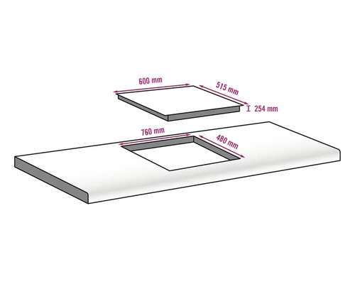 Illustration d''un plan de travail avec découpe et dimensions correspondantes pour l''installation d''une plaque de cuisson