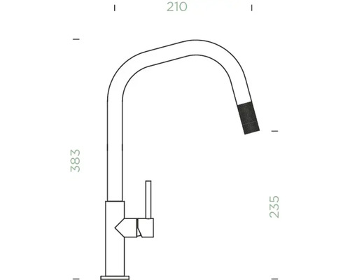 Technische Zeichnung einer Küchenarmatur mit Maßen.