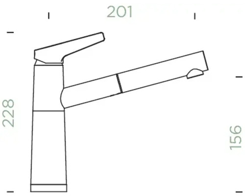 Dessin technique d''un robinet de cuisine avec douchette extractible et dimensions