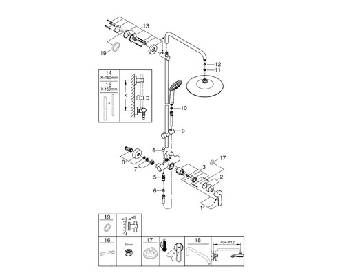 Schéma de montage d''un système de douche avec divers éléments et composants.