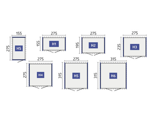 Plans de différents modèles d''abris de jardin avec indications de taille.