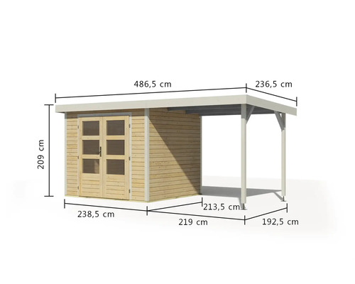 Image avec dimensions d''un abri de jardin avec annexe.