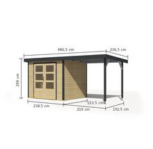 Abri de jardin en bois avec annexe et indications de dimensions