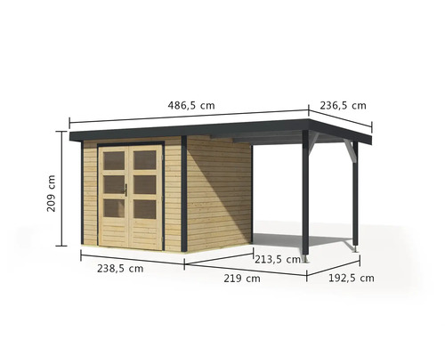 Abri de jardin en bois avec annexe et indications de dimensions