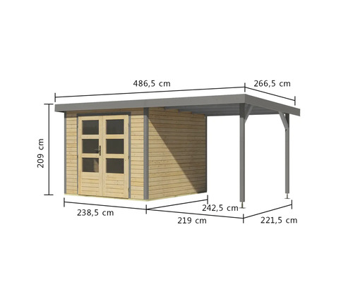 Image avec les dimensions d''un abri de jardin avec annexe