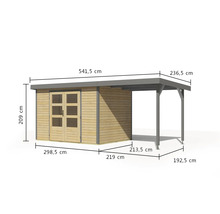 Image d''un abri de jardin avec carport et indications de dimensions.