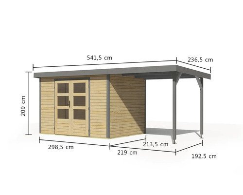 Image d''un abri de jardin avec carport et indications de dimensions.