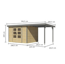 Image d''un abri de jardin en bois avec abri de voiture et indications de mesure