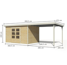 Holzgartenhaus mit Carport und Maßangaben