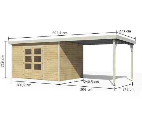 Holzgartenhaus mit Carport und Maßangaben