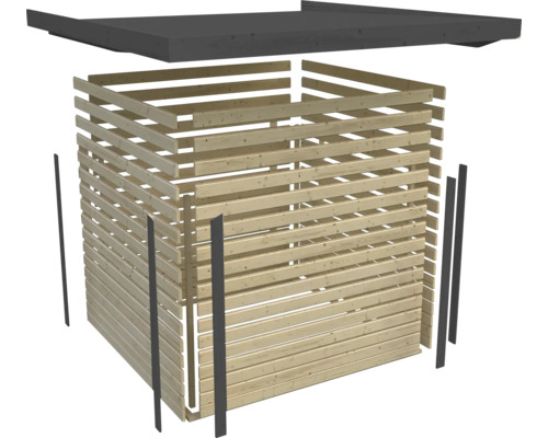 Explosionszeichnung eines Holzgartenhauses mit Lamellenwänden und Dach