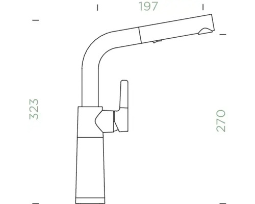 Technische Zeichnung einer Küchenarmatur mit Ausziehbrause und Maßangaben.