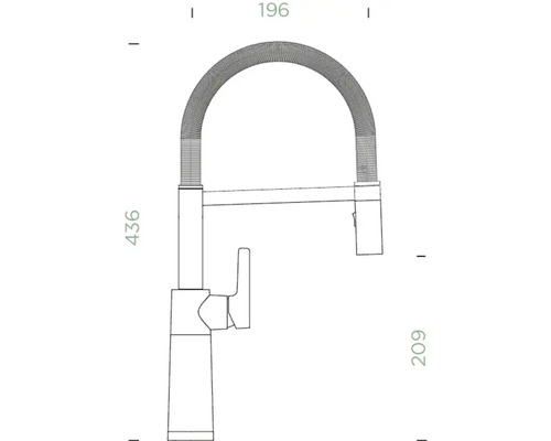 Zeichnung einer Küchenarmatur mit den Maßen 436, 196 und 209 Millimeter.