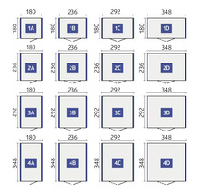 Aperçu des différentes tailles avec indications de dimensions