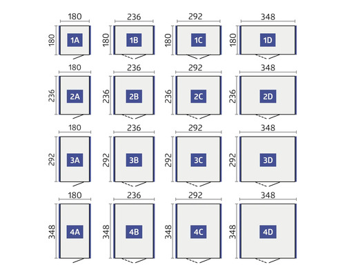 Diagramm verschiedener Größen mit Maßen in Millimetern