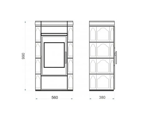 Schéma technique d''un poêle avec indications de dimensions
