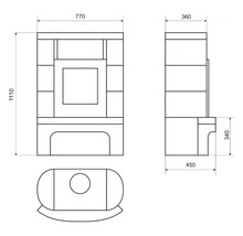 Technische Zeichnung eines Ofens mit Maßangaben