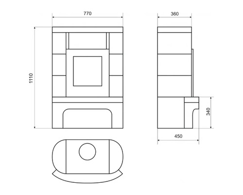Technische Zeichnung eines Ofens mit Maßangaben