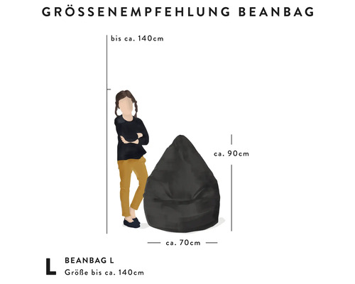 Größenempfehlung für Sitzsack L mit Größenangaben