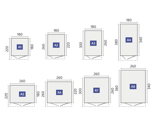 Représentation de différentes variantes de taille de cabanes de jardin avec indications de dimensions.