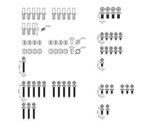Schéma technique de vis, chevilles et rondelles avec indication des tailles