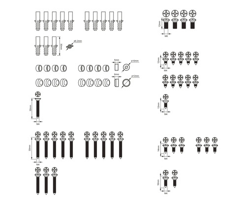 Dessin technique de chevilles, vis et rondelles avec indications de taille