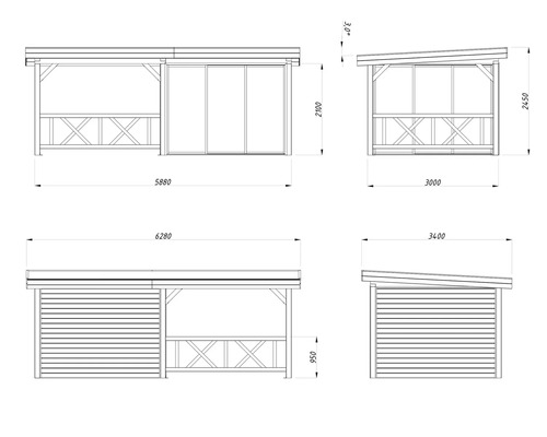 Technische Zeichnung eines Holzpavillons mit Maßangaben
