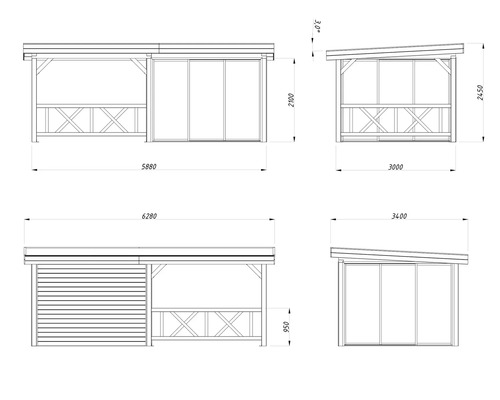 Technische Zeichnung eines Pavillons mit Maßangaben