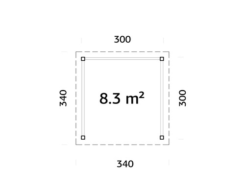 Plan avec des dimensions de 340 sur 300 centimètres et une surface de 8,3 mètres carrés