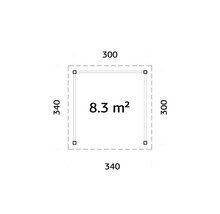 Plan avec dimensions 340 sur 300 et une surface de 8,3 mètres carrés