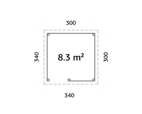 Plan avec les dimensions 300 x 340 cm et 8,3 mètres carrés