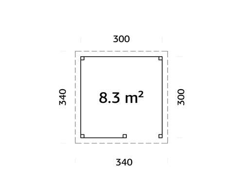 Plan avec une superficie de 8,3 mètres carrés et des dimensions de 300 sur 340 centimètres