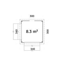 Plan avec dimensions : 8,3 mètres carrés, 300 et 340 centimètres