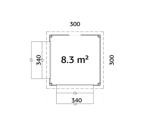 Plan avec dimensions : 8,3 mètres carrés, 300 et 340 centimètres