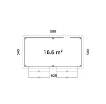 Plan d''un abri de jardin mesurant 588 x 340 x 300 cm avec une superficie de 16.6 m².