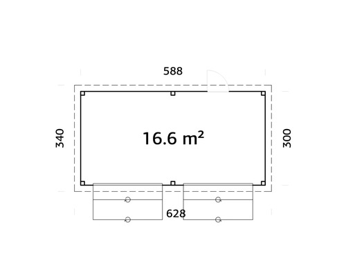 Plan d''un abri de jardin avec des dimensions de 588 x 340 x 300 et une superficie de 16,6 mètres carrés